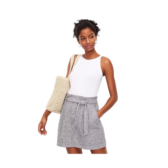 LOFT Womens 10 Gray Striped Paperbag Waist Skirt Linen Cotton Blend‎ Mini - Picture 1 of 7